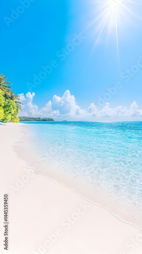 Idyllic tropical beach scene, bright sun, clear turquoise water lapping white sand