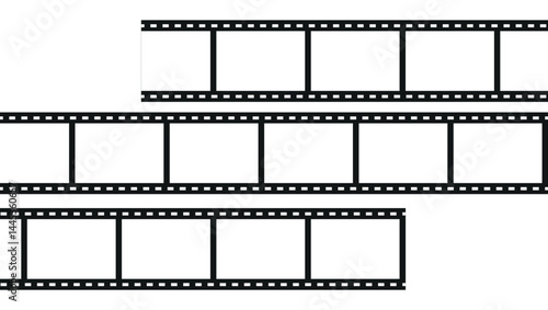 Blank black film strip frames in horizontal layout on white background for photo or video design use	