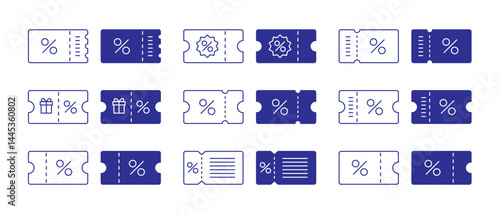 Set of promo voucher icons. Coupon shapes with discount and sale symbols in outline and flat style. Vector illustration