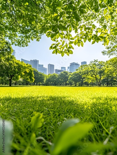 Lush green park with tall buildings in background, sunlit grass, and vibrant foliage