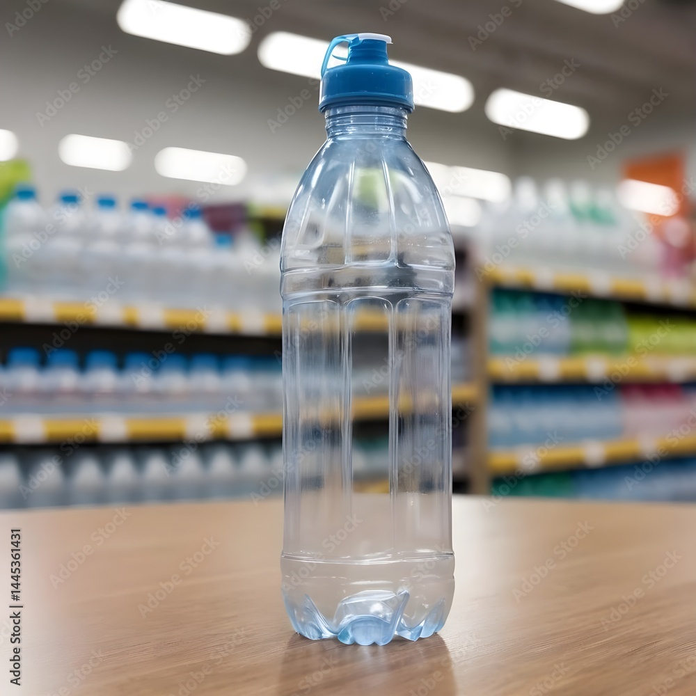 Plastic Water Bottle on Wooden Table in Supermarket Plastic Water Bottle on Wooden Table in Supermarket