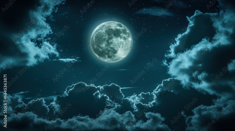 A mystical night sky with dark clouds partially revealing a glowing full moon A mystical night sky with dark clouds partially revealing a glowing full moon