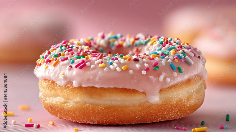 Pink glazed donut with rainbow sprinkles Pink glazed donut with rainbow sprinkles