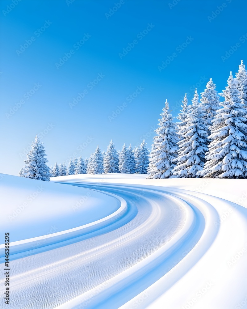 Fototapeta premium Serene winter landscape; snow-covered road curves through pristine, snow-laden evergreens under a brilliant blue sky