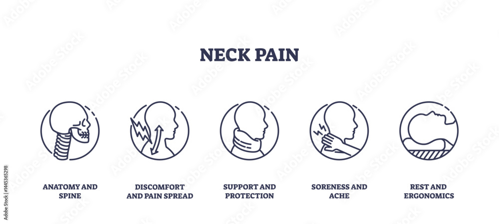 Neck pain icons depict anatomy, discomfort, and support, transparent background. Outline icons set. Neck pain icons depict anatomy, discomfort, and support, transparent background. Outline icons set.