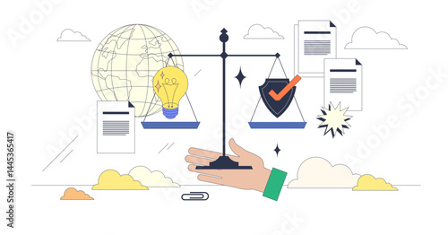 Responsible AI is shown by a hand balancing a scale with a lightbulb and shield, symbolizing ethics and innovation, transparent background. Neubrutalism hands concept