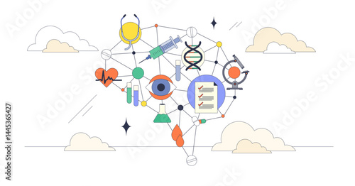 Systems thinking in healthcare visualized with interconnected icons like DNA, heart, and microscope, transparent background.