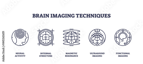 Brain imaging techniques icons show neural activity, brain structure, and scanning methods, representing modern diagnostic technology, transparent background. Outline icons set