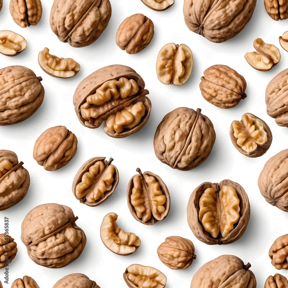 Walnuts in Shell and Halved - Seamless Pattern Walnuts in Shell and Halved - Seamless Pattern