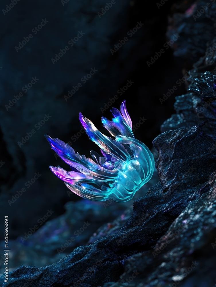 Obraz premium A bioluminescent, translucent organism thrives in a dark, rocky, underwater environment.