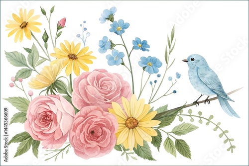 Watercolor Floral Bird Illustration – Pink Roses, Blue Flowers & Yellow Daisies Art Print