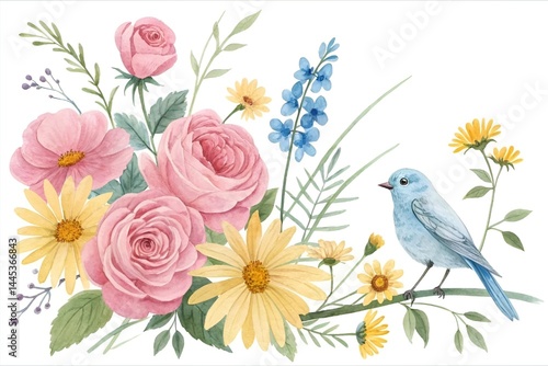Watercolor Floral Bird Illustration – Pink Roses, Blue Flowers & Yellow Daisies Art Print