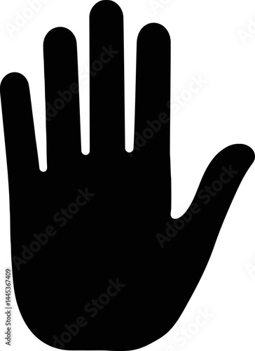 Black solid hand palm icon representing stop, warning or restriction gesture on transparent backgroundv