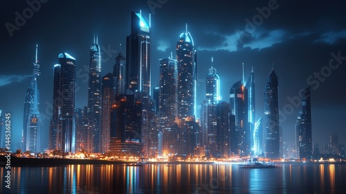 Wallpaper Mural A nighttime Dubai scene with an illuminated skyline showcasing AI-controlled lights and futuristic design. Torontodigital.ca