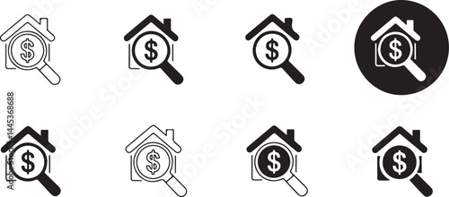 House Price Search Icon Set Magnifying Glass Dollar Sign Home