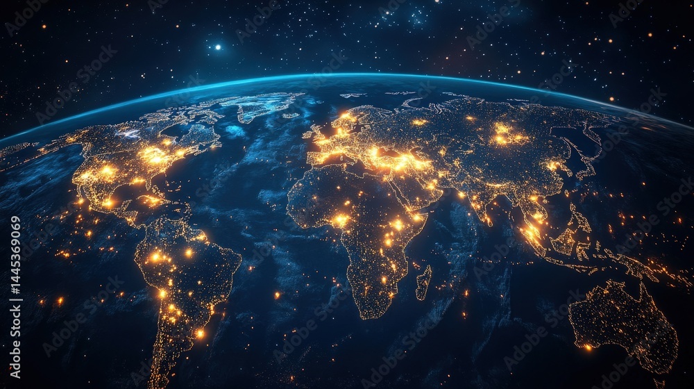 Obraz premium A night-time world map showing illuminated cities and continents glowing against a deep blue space backdrop.