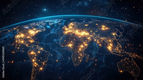 A night-time world map showing illuminated cities and continents glowing against a deep blue space backdrop.