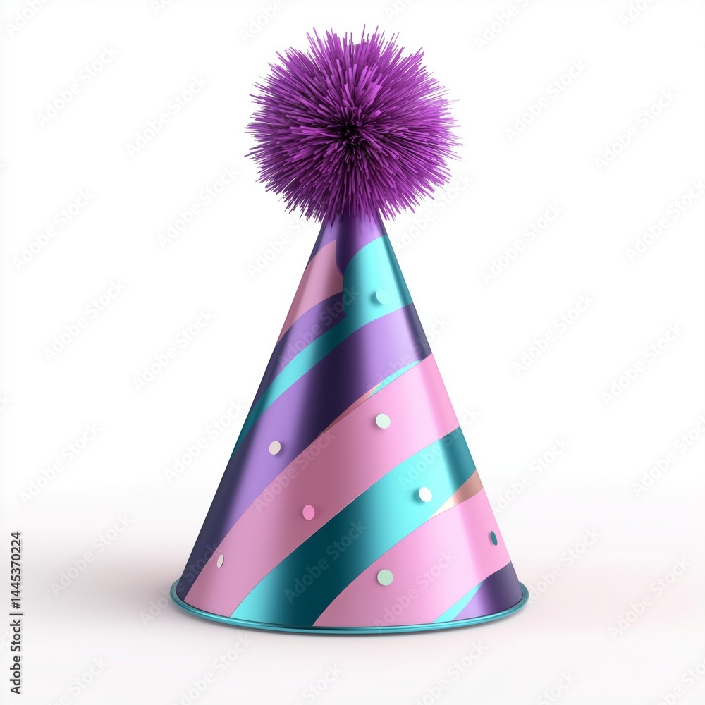 Purple party hat with colorful stripes and pom-pom top isolated on white background. Concept for birthday decor visuals, festive product ads, or celebration-themed content full of fun and joy.