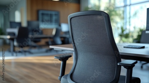 Empty office desk with vacant chairs and monitors, symbolizing layoffs and workplace downsizing. Concept of job loss, corporate restructuring, and economic uncertainty in modern business environment