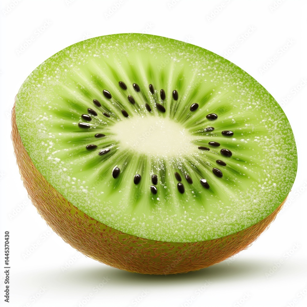Realistic kiwi slice with green inside and black seeds isolated on white background. Concept for fruit packaging, healthy diet visuals, or fresh product ads with vibrant color and natural vitamins.