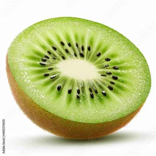 Obraz na płótnie Realistic kiwi slice with green inside and black seeds isolated on white background. Concept for fruit packaging, healthy diet visuals, or fresh product ads with vibrant color and natural vitamins. w salonie