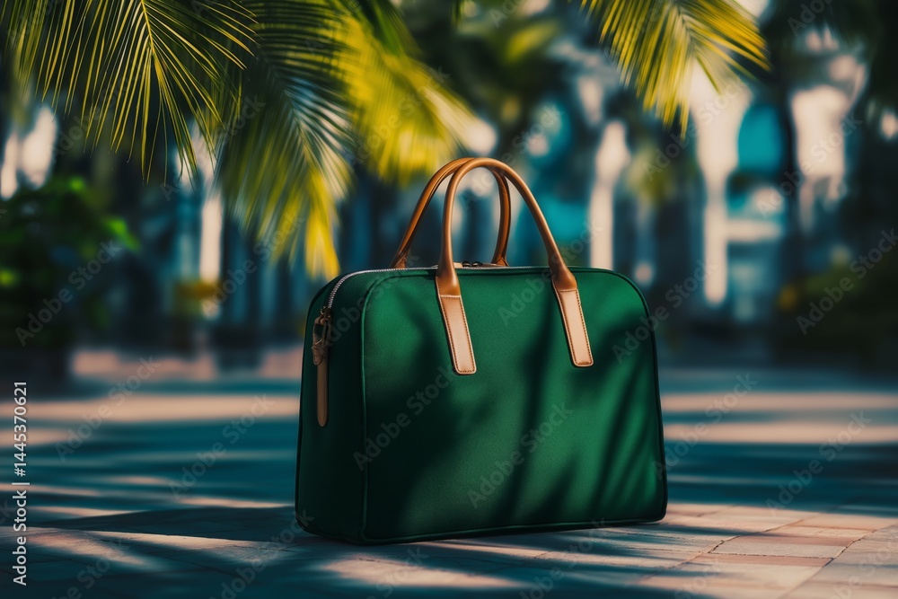Green travel bag on background of palm trees and hotel. Concept for vacation ads, travel agency branding, or lifestyle visuals conveying adventure, leisure, and getaway preparation.
