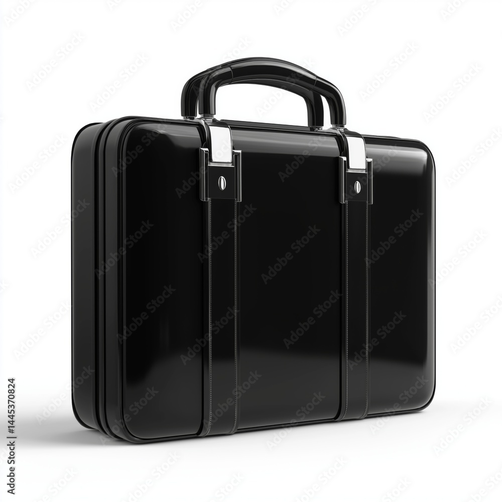 3D black briefcase icon with silver handle isolated on white background. Concept for business apps, corporate branding, or professional service visuals emphasizing organization, career and success.