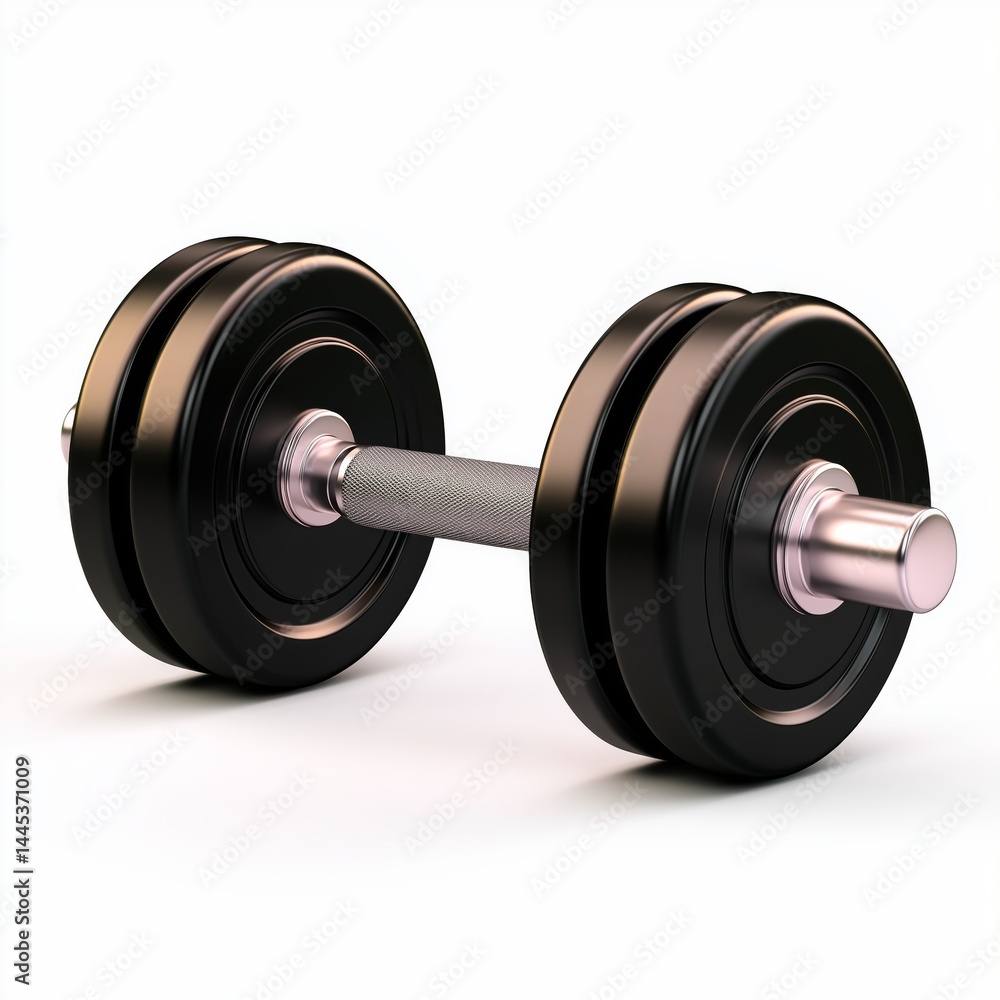 3D dumbbell with silver handles and black weights isolated on white background. Concept for fitness gear promotions, gym equipment ads, or active lifestyle branding emphasizing strength and training.
