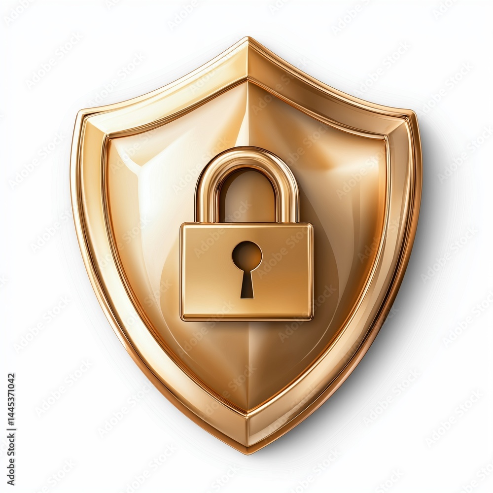 3D gold shield icon with lock symbol in center isolated on white background. Concept for security branding, medieval-theme apps, or gaming visuals representing protection, strength, and tradition.