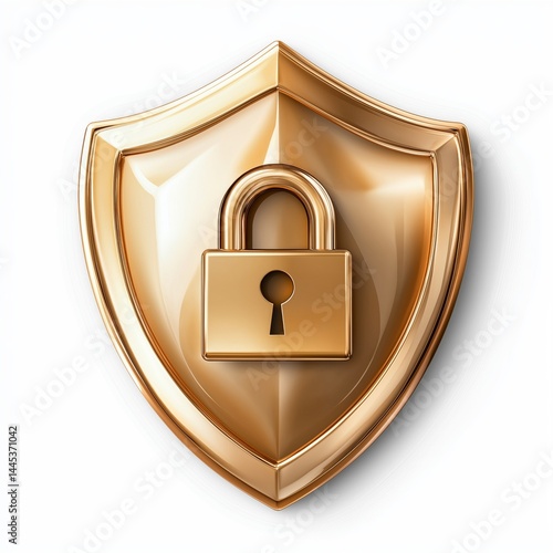 Obraz na płótnie 3D gold shield icon with lock symbol in center isolated on white background. Concept for security branding, medieval-theme apps, or gaming visuals representing protection, strength, and tradition.
w salonie