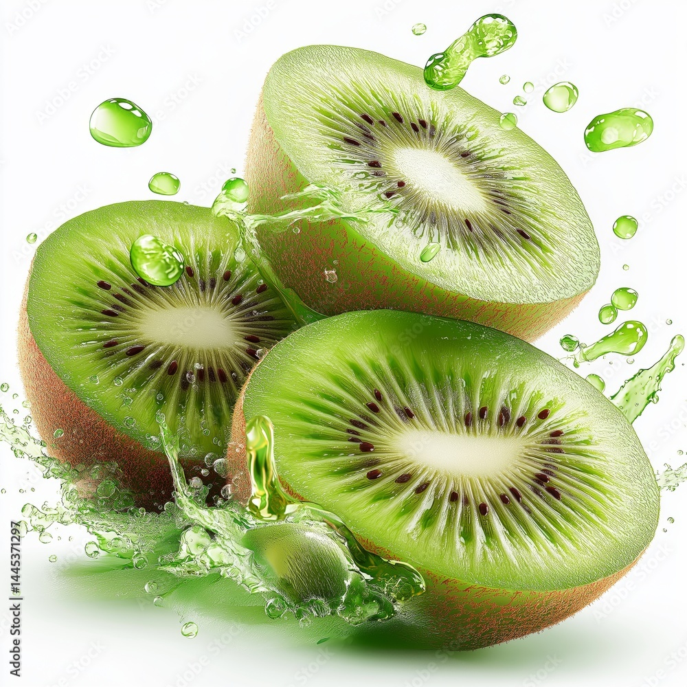 Juicy kiwi fruit, sliced in the middle, isolated on white background. Concept for healthy food, vitamin-rich product packaging, or fresh produce branding focused on vibrant flavor and nutrition.