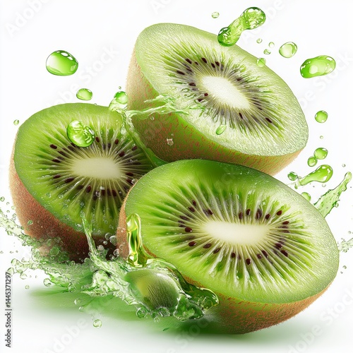 Obraz na płótnie Juicy kiwi fruit, sliced in the middle, isolated on white background. Concept for healthy food, vitamin-rich product packaging, or fresh produce branding focused on vibrant flavor and nutrition. w salonie