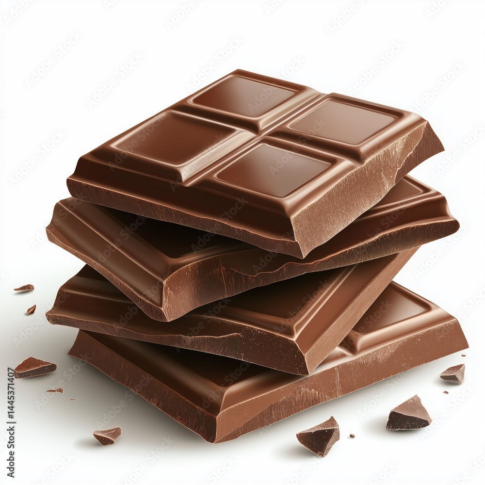 Stack of dark chocolate isolated on white background. Concept for premium confectionery packaging, dessert branding, or advertising focused on rich flavor and gourmet indulgence.