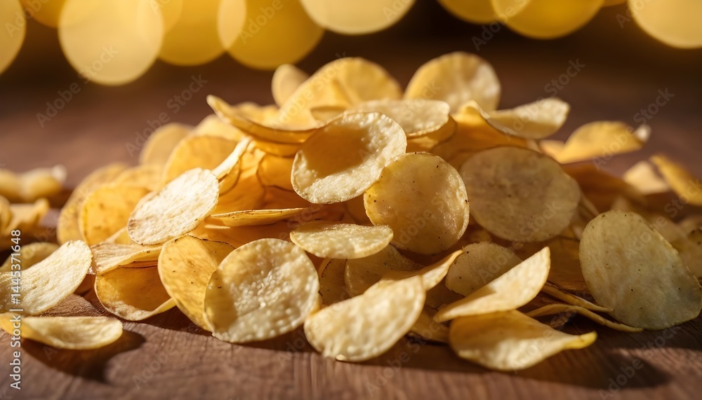 Crispy Potato Chips on Wooden Surface Crispy Potato Chips on Wooden Surface