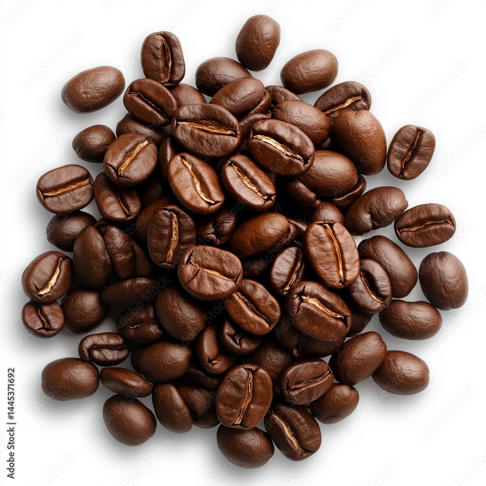 Pile of coffee beans isolated on white background, top view. Concept for cafe branding, coffee product packaging, or promotional visuals emphasizing aroma, quality, and roasted flavor.