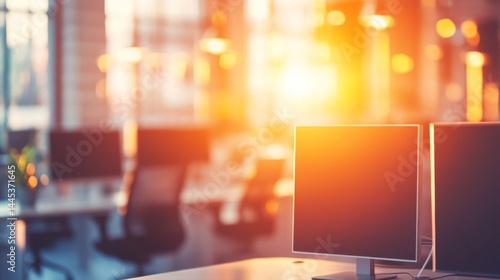Wallpaper Mural Empty office desk with vacant chairs and monitors, symbolizing layoffs and workplace downsizing. Concept of job loss, corporate restructuring, and economic uncertainty in modern business environment Torontodigital.ca