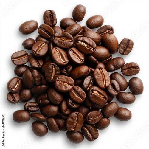 Obraz na płótnie Pile of coffee beans isolated on white background, top view. Concept for cafe branding, coffee product packaging, or promotional visuals emphasizing aroma, quality, and roasted flavor. w salonie