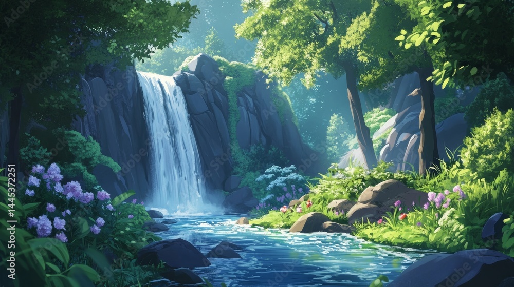 Naklejka premium Waterfall & grotto grace a lush forest stream.