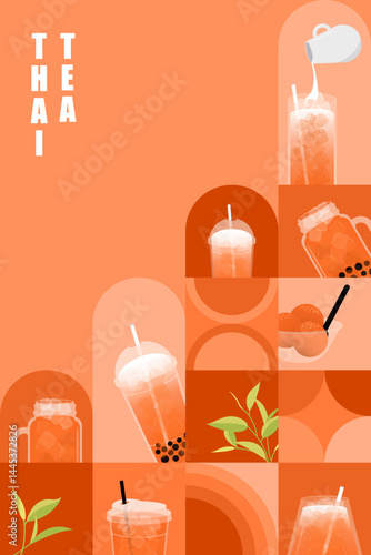 Thai tea background. Set of Thai tea. Menu of Thai tea. Wallpaper, poster, drinks, beverage, bubble, milk, boba, ice, cafe, elements, takeaway, cartoon, design, pattern, leaves, banner, straw, icon. 