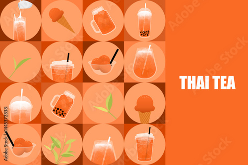 Thai tea background. Set of Thai tea. Menu of Thai tea. Wallpaper, poster, drinks, beverage, bubble, milk, boba, ice, cafe, elements, takeaway, cartoon, design, pattern, leaves, banner, straw, icon. 