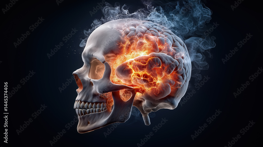 Creative depiction of a skull with fiery brain concept Creative depiction of a skull with fiery brain concept