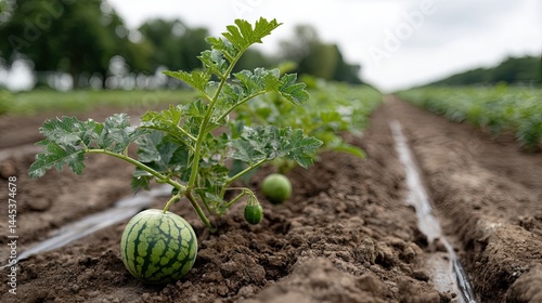 Watermelon plant flourishes in a farm field, showcasing a ripe watermelon lying on the soil, surrounded by green leaves and sunlight