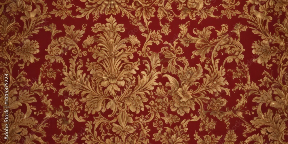 Intricate gold floral damask on deep crimson, opulent baroque style, luxury, interior, classic Intricate gold floral damask on deep crimson, opulent baroque style, luxury, interior, classic