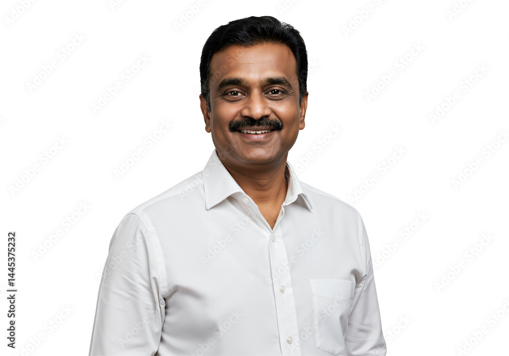 A confident and friendly middle-aged Indian man with a mustache smiles warmly while wearing a crisp white shirt against a plain black studio background. A confident and friendly middle-aged Indian man with a mustache smiles warmly while wearing a crisp white shirt against a plain black studio background.