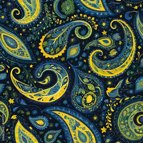 Wallpaper Mural Seamless Blue and Yellow Paisley Pattern Torontodigital.ca
