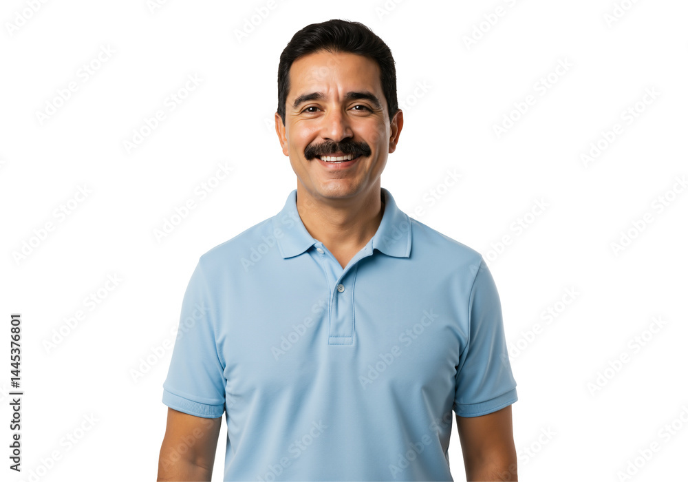 A middle-aged Hispanic man with a prominent mustache smiles happily while wearing a light blue polo shirt, standing against a transparent background. A middle-aged Hispanic man with a prominent mustache smiles happily while wearing a light blue polo shirt, standing against a transparent background.