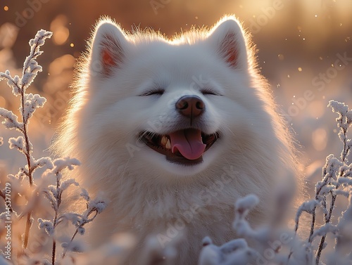 Samoyed puppy closed-eye smile, frost particles swirling in warm winter palette