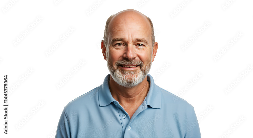 A smiling middle-aged Caucasian man with a grey beard and bald head wears a blue polo shirt against a transparent background, looking directly at the camera. A smiling middle-aged Caucasian man with a grey beard and bald head wears a blue polo shirt against a transparent background, looking directly at the camera.