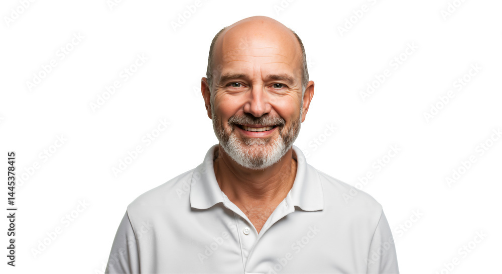 A smiling, bald, middle-aged Caucasian man with a beard wearing a white polo shirt poses for a studio portrait against a simple transparent background, looking directly at the camera. A smiling, bald, middle-aged Caucasian man with a beard wearing a white polo shirt poses for a studio portrait against a simple transparent background, looking directly at the camera.