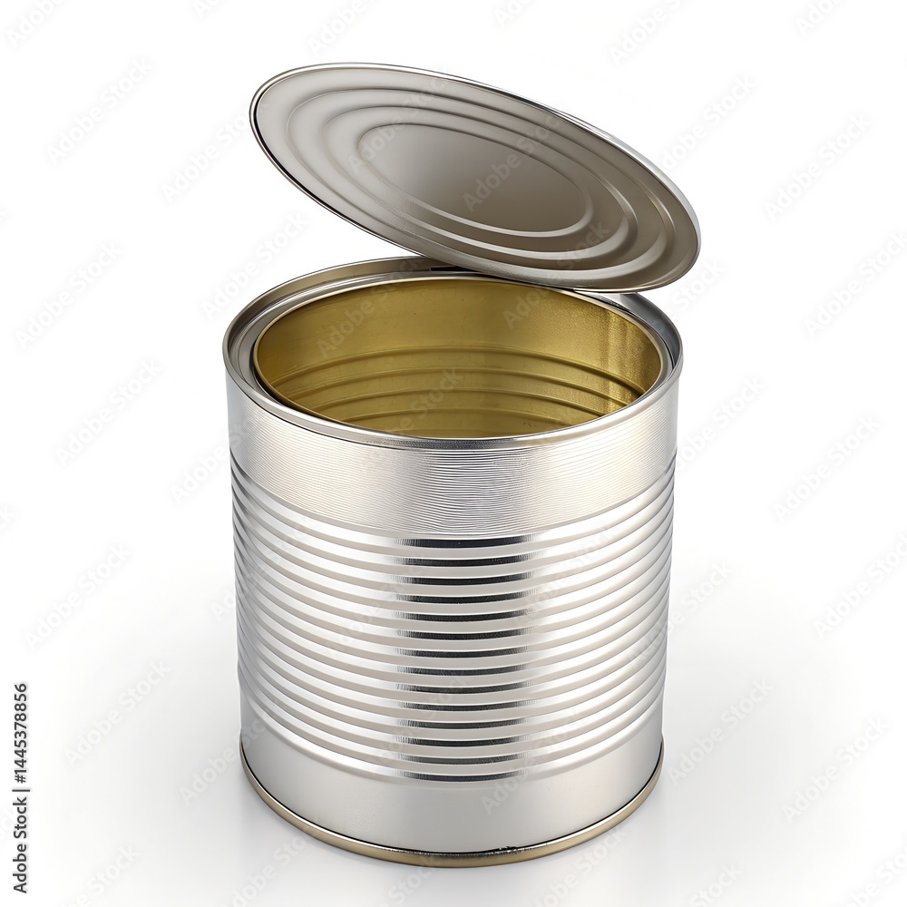 Empty Metal Tin Can with Lid Open on White Background Empty Metal Tin Can with Lid Open on White Background